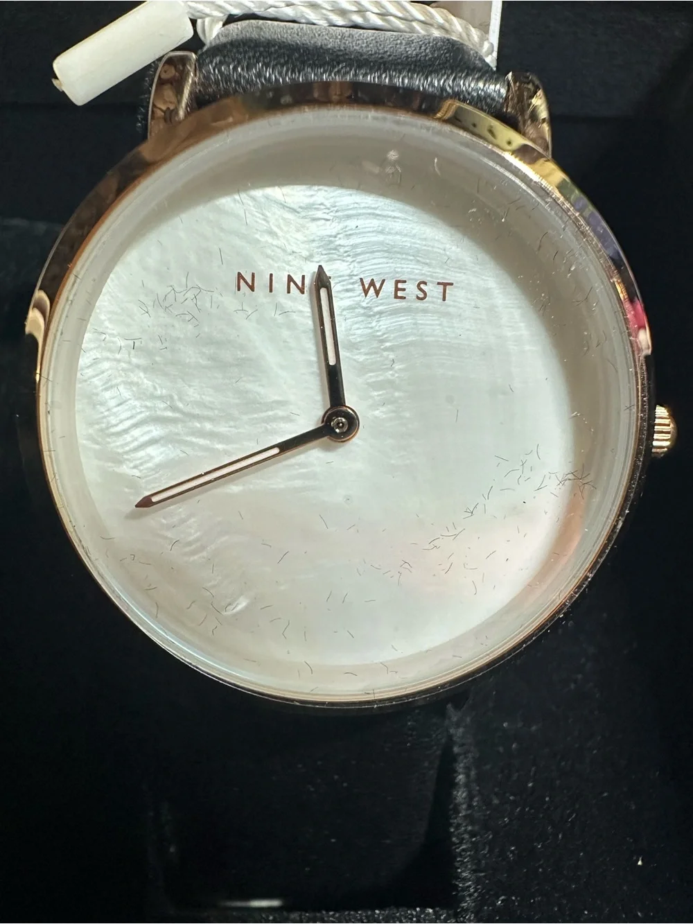 Nine West Black Leather Strap Watch with Rose Gold-Tone Case and White Dial